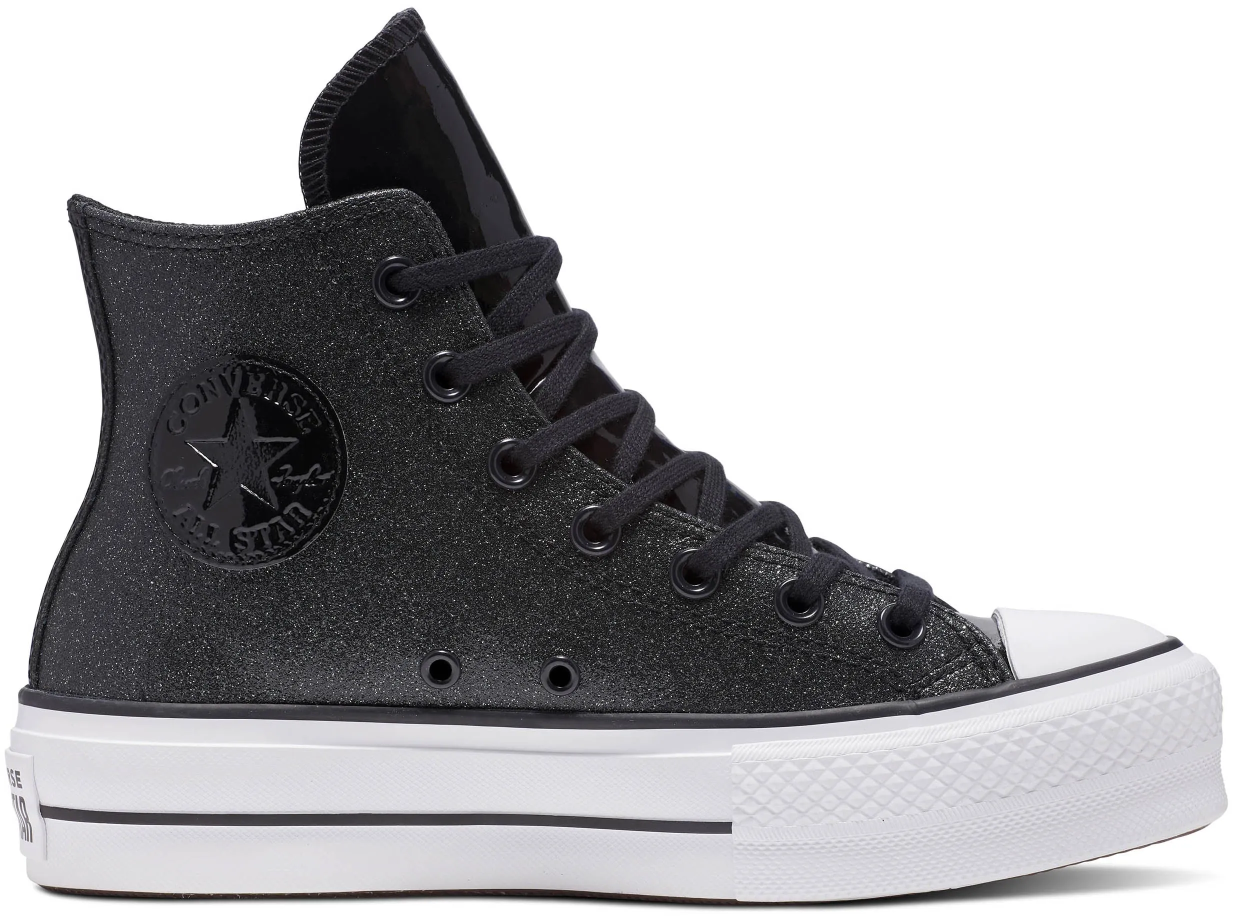 Urban Movement Contoured Footbed Design Converse Womens Chuck Taylor All Star Hi Top Lift Glitter Black