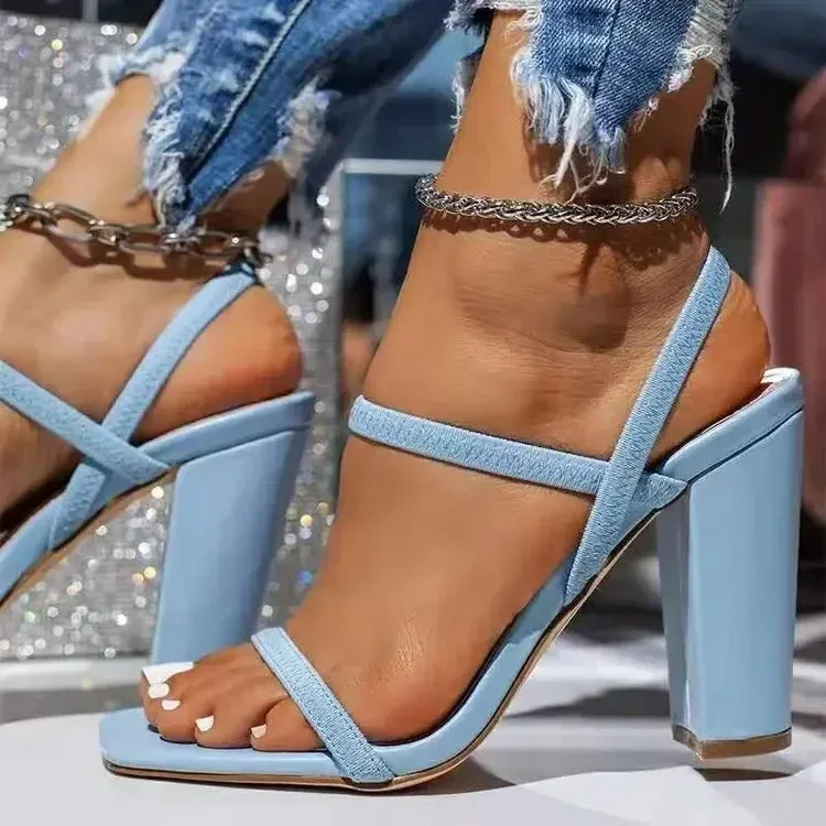 European American Trendy Thick Heel Sandals for Women's 2024 Summer New High Heel Design with Fine Strap Sandals Zapatos Mujer Fit Ready