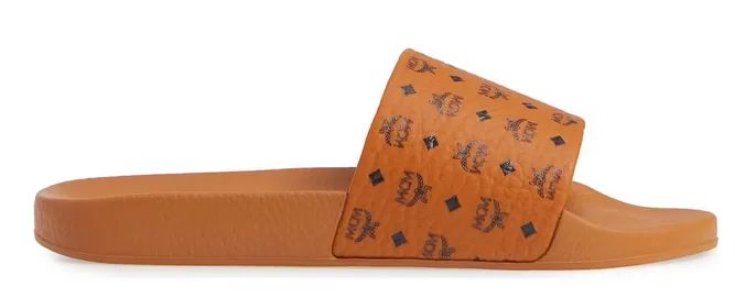 MCM Monogram Slides Brown Compression Molded Outsole Low Profile Silhouette