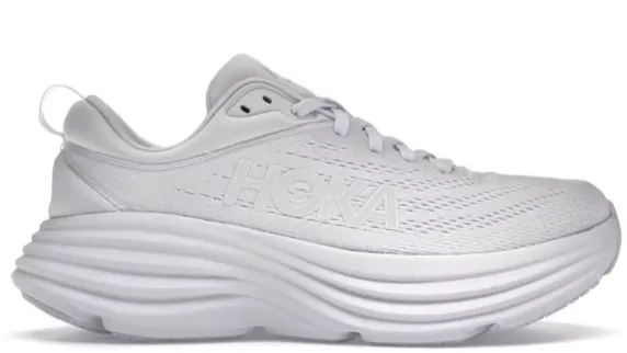 Hoka One One Bondi 8 Triple White (Women's) Anti Torsion System Low Profile Drop