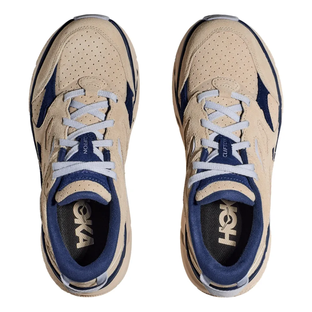 HOKA ONE ONE U CLIFTON L SUEDE-OAT MILK / BELLWETHER BLUE Clean Movement Comfortable Heel
