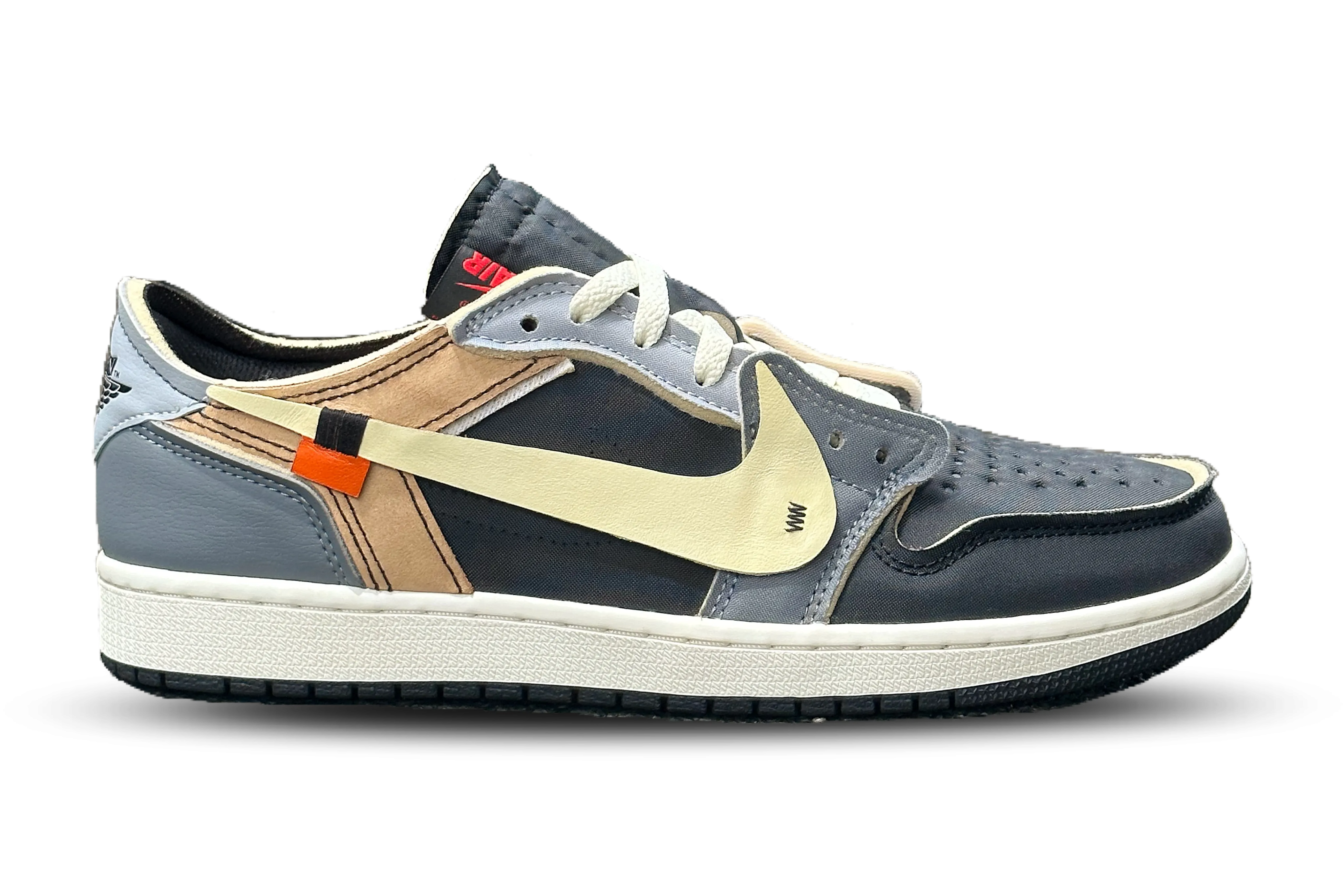 Jordan 1 Low OG EX Off-White Inspired Black Smoke Grey (Handcrafted Custom) Ventilated Panels Elastic Gore