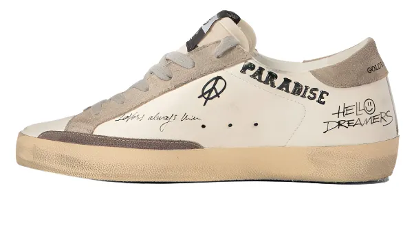 Textured Upper Double Stitched Seams Golden Goose Super Star White Taupe Cinder (MEN)