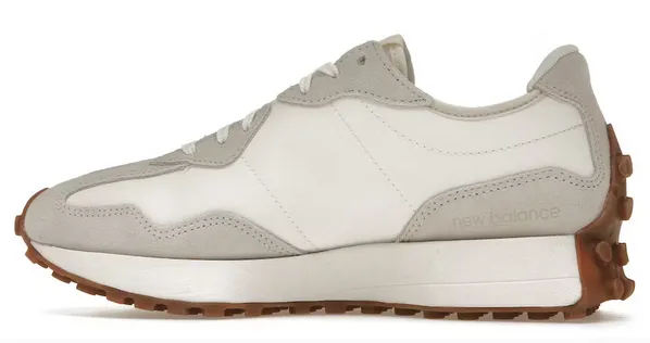 Lightweight Build Recycled Polyester Fabric New Balance 327 Beige White Gum Pink (Women's)