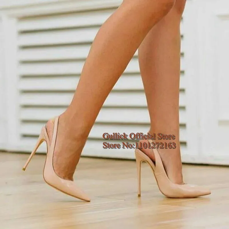 Plus Size 45 Black Patent Leather Pointy Toe Women Slingback Shoes 12CM 10CM 8CM Elastic Band Thin Heel Spring Autumn Dress Shoe Unbeatable flexibility