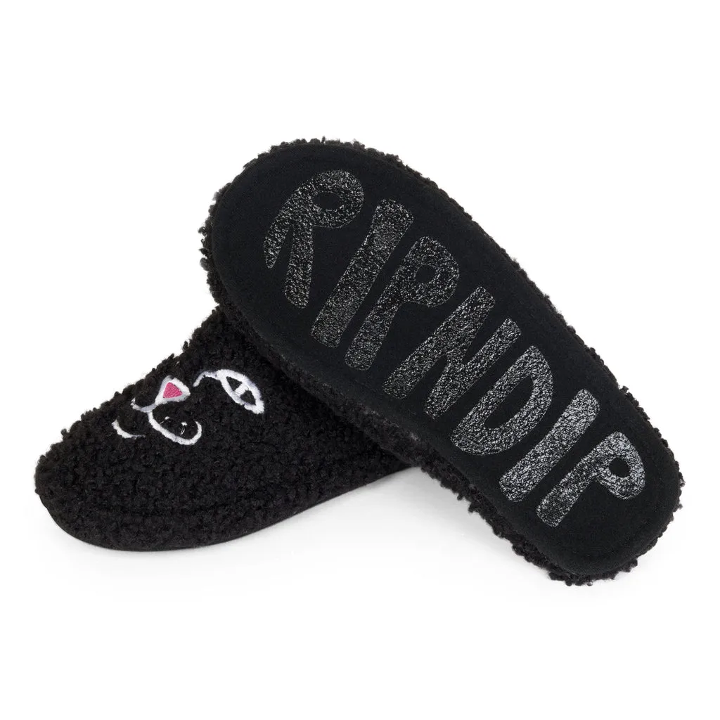 Relaxed Walk Midsole Support RIPNDIP JERM FACE FUZZY HOUSE SLIPPERS-BLACK