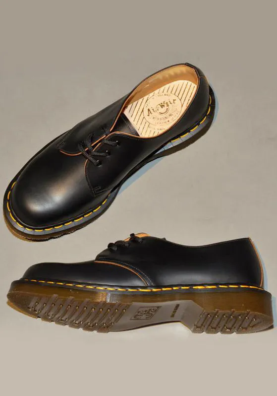 DR. MARTENS VINTAGE 1461 LEATHER SHOES BLACK QUILON MADE IN ENGLAND School Day Game Fit
