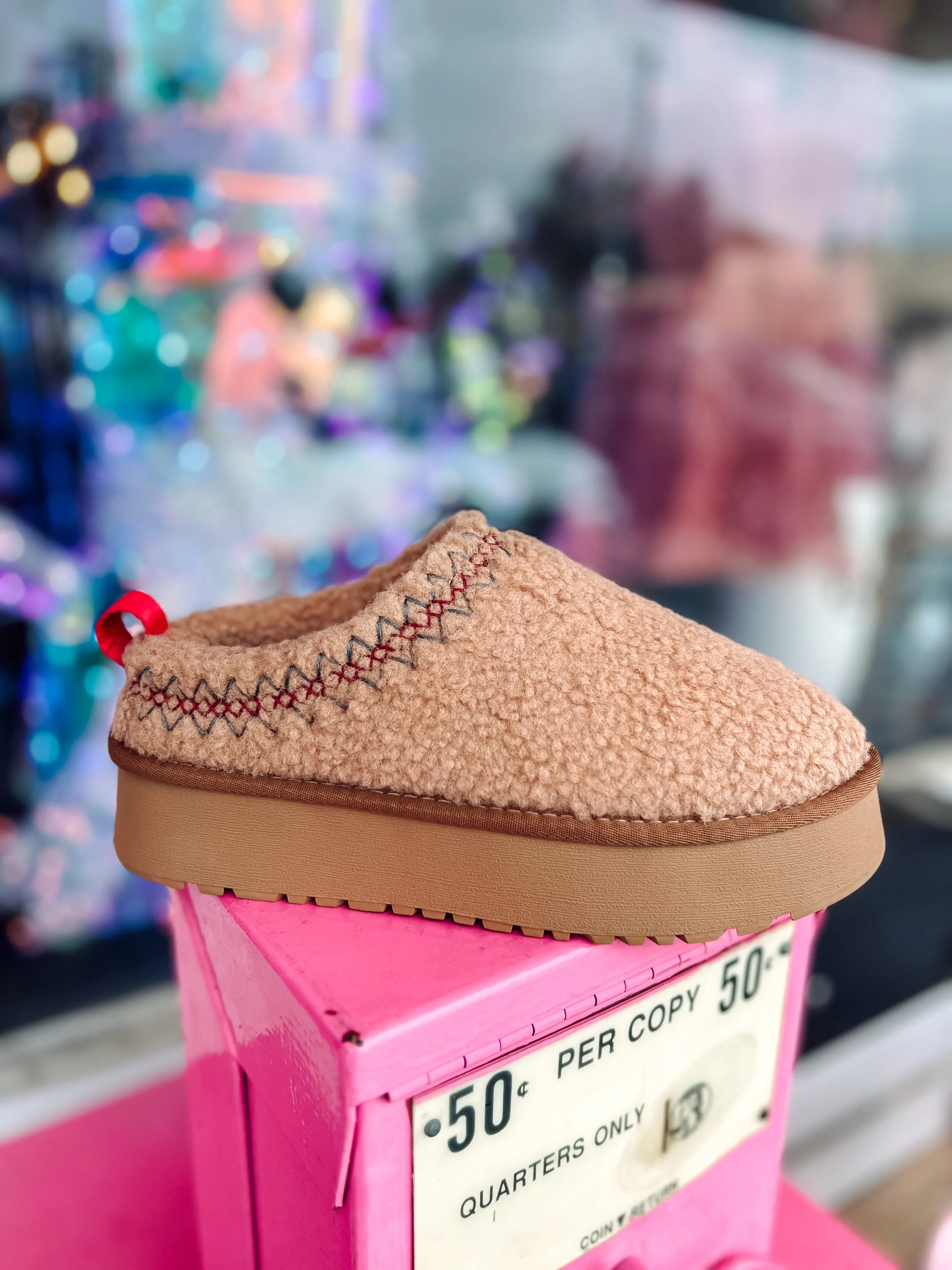Square-Toe Sherpa platform mule slides