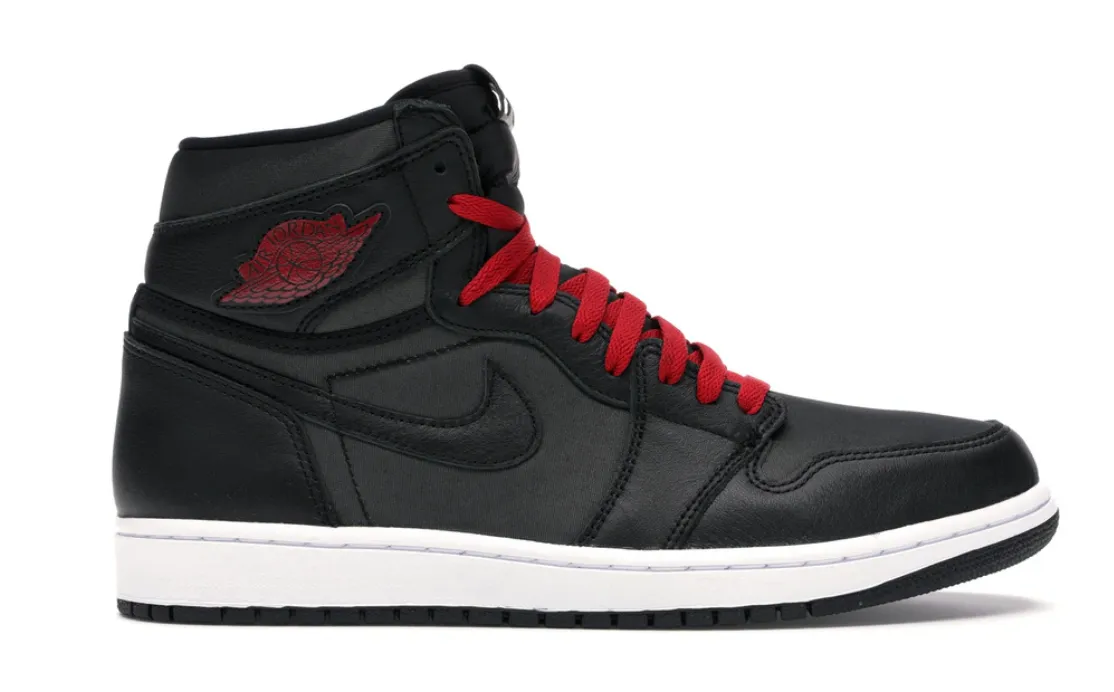 Jordan 1 Retro High Black Satin Gym Red Tapered Heel Design