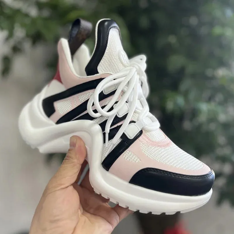Trendy Comfortable and breathable bow-soled shoes for men and women, thick soles, round-headed lace-up, matching color leisure shoes